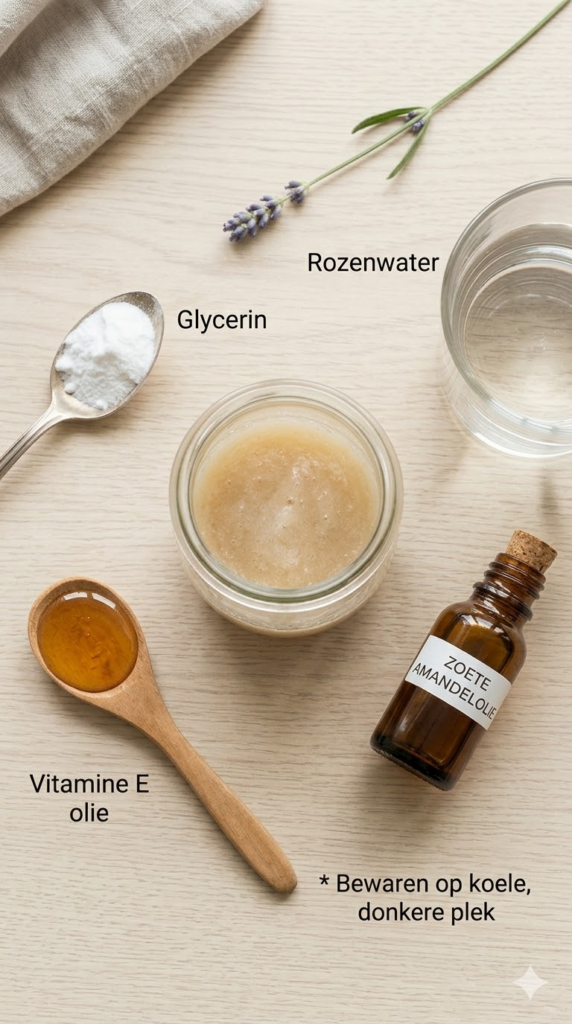 Flatlay-foto van natuurlijke ingrediënten voor zelfgemaakte make-up remover op een houten tafel, inclusief amandelolie en rozenwater.