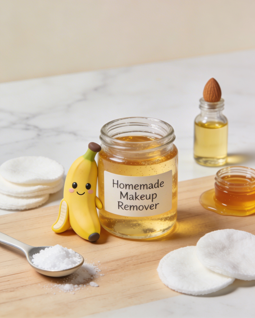 Homemade makeup remover in a glass jar with natural ingredients and a small Nano Banana mascot, ideal for sensitive eyes