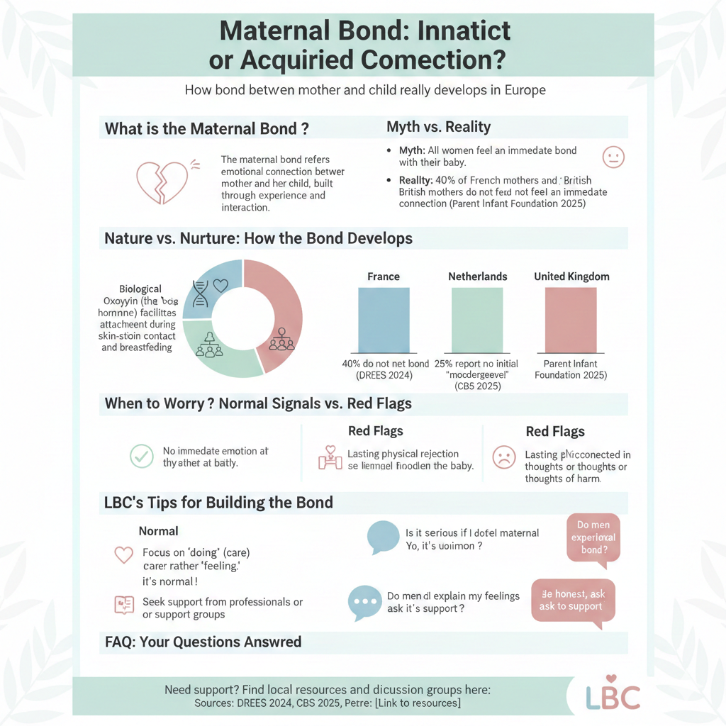 Infographic titled "Maternal Bond: Innate Instinct or Acquired Connection?" showing statistics and facts about the emotional connection between mother and child in Europe. It highlights that 33% of British mothers and 40% of French mothers do not feel an immediate bond at birth.