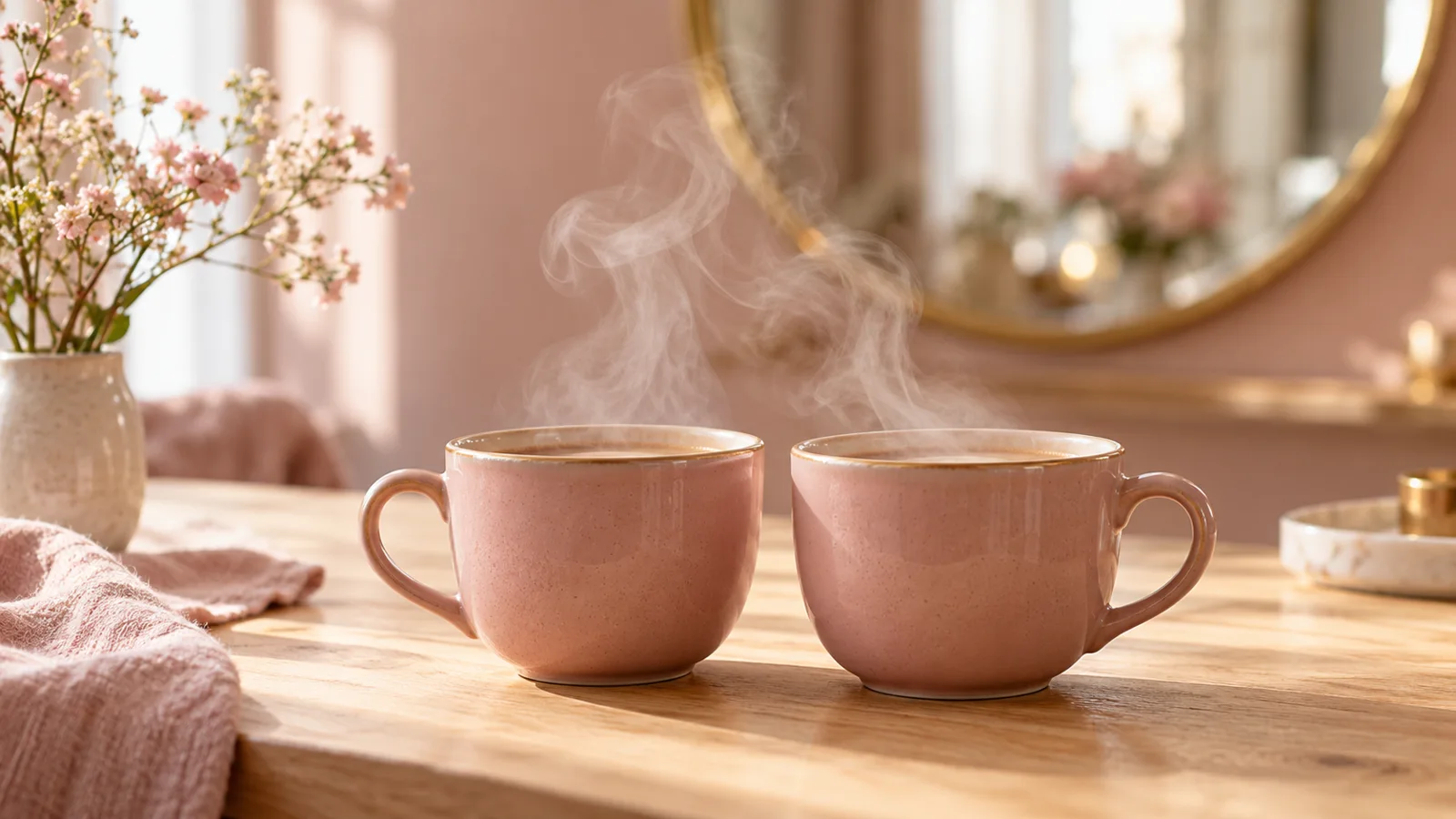 Deux tasses fumantes identiques c&ocirc;te &agrave; c&ocirc;te sur une table, avec un miroir rond en arri&egrave;re-plan