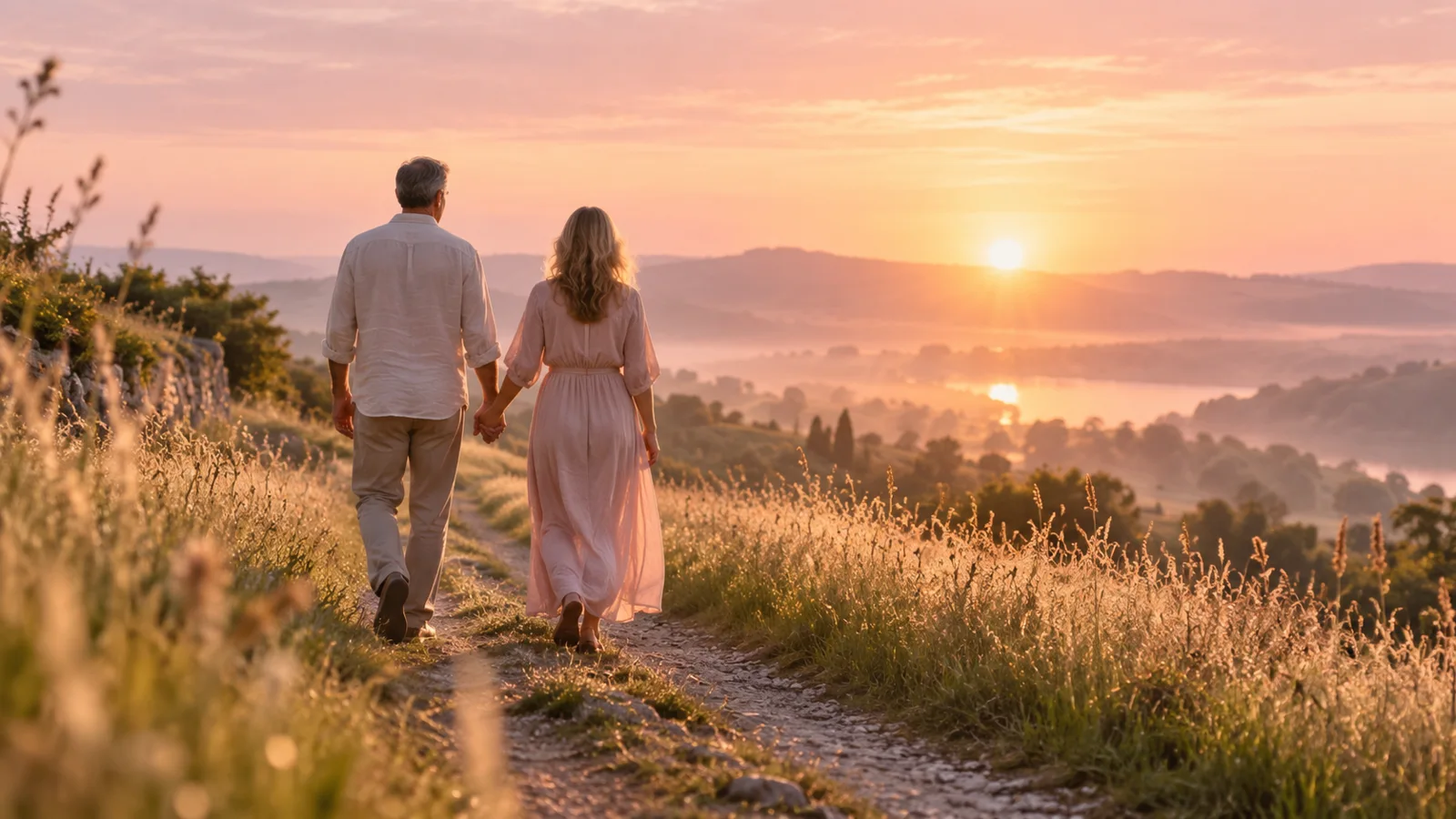 Un couple vu de dos marchant main dans la main sur un chemin de campagne au lever du soleil