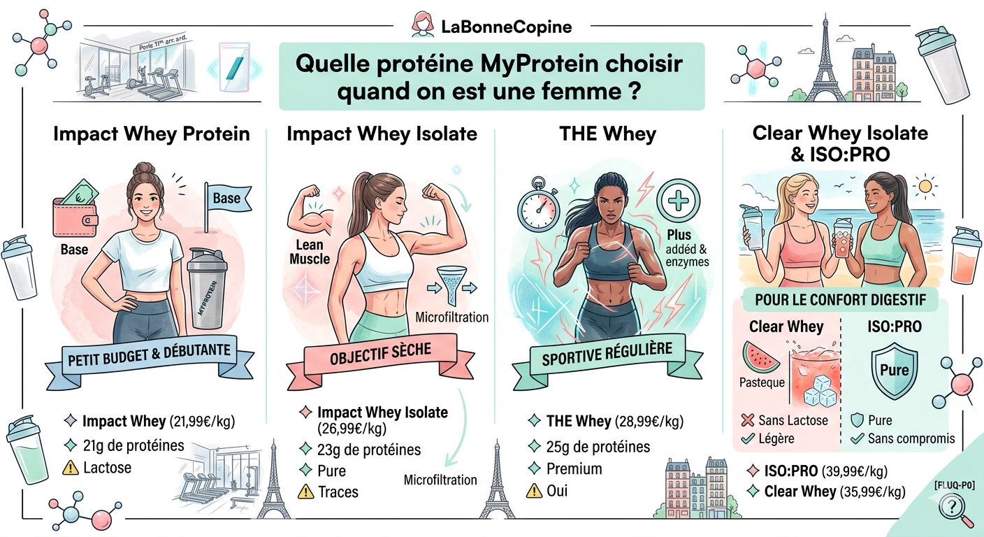 Infographie comparative de 4 protéines MyProtein pour femme (Impact Whey, Isolate, THE Whey, Clear Whey/ISO:PRO) avec objectifs et prix.