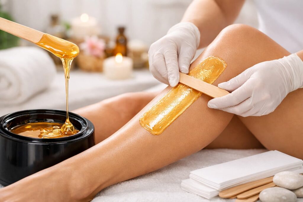 Professional warm wax treatment for leg hair removal.com