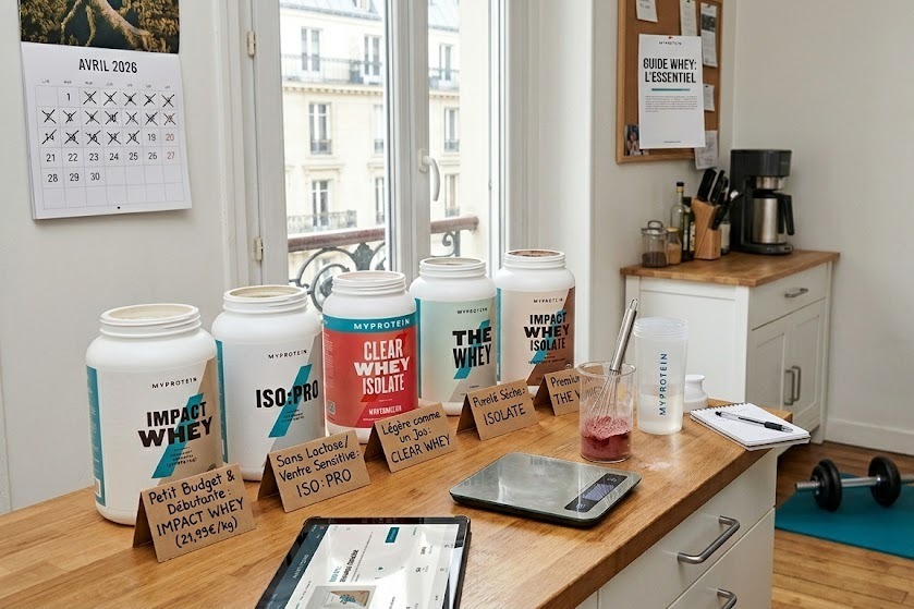 Photographie en situation réelle dans une cuisine parisienne : la testeuse de LaBonneCopine prend des notes devant cinq pots de protéines MyProtein ouverts, identifiés par des étiquettes manuscrites (Impact Whey, ISO:PRO, Clear Whey Isolate, THE Whey, Impact Whey Isolate) pour le guide d'avril 2026.