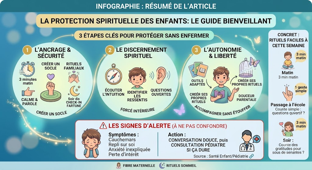 Infographie r&eacute;sumant la protection spirituelle des enfants en 3 &eacute;tapes: Ancrage et s&eacute;curit&eacute;, Discernement spirituel, Autonomie et libert&eacute;; conseils et signes d&rsquo;alerte. - La protection spirituelle des enfants et les 3 rituels du quotidien pour prot&eacute;ger sans enfermer
