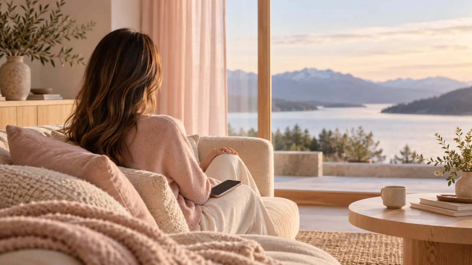 Femme sur un canapé beige, téléphone éteint sur le genou, regardant la fenêtre
