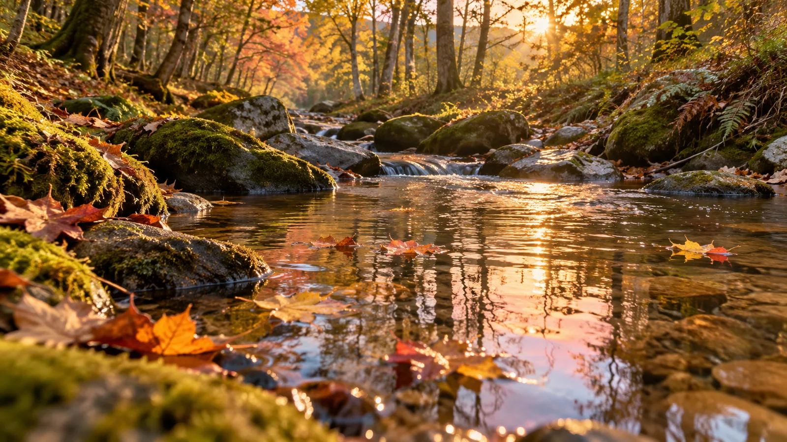 Feuilles dérivant doucement sur un ruisseau calme, dans une lumière dorée