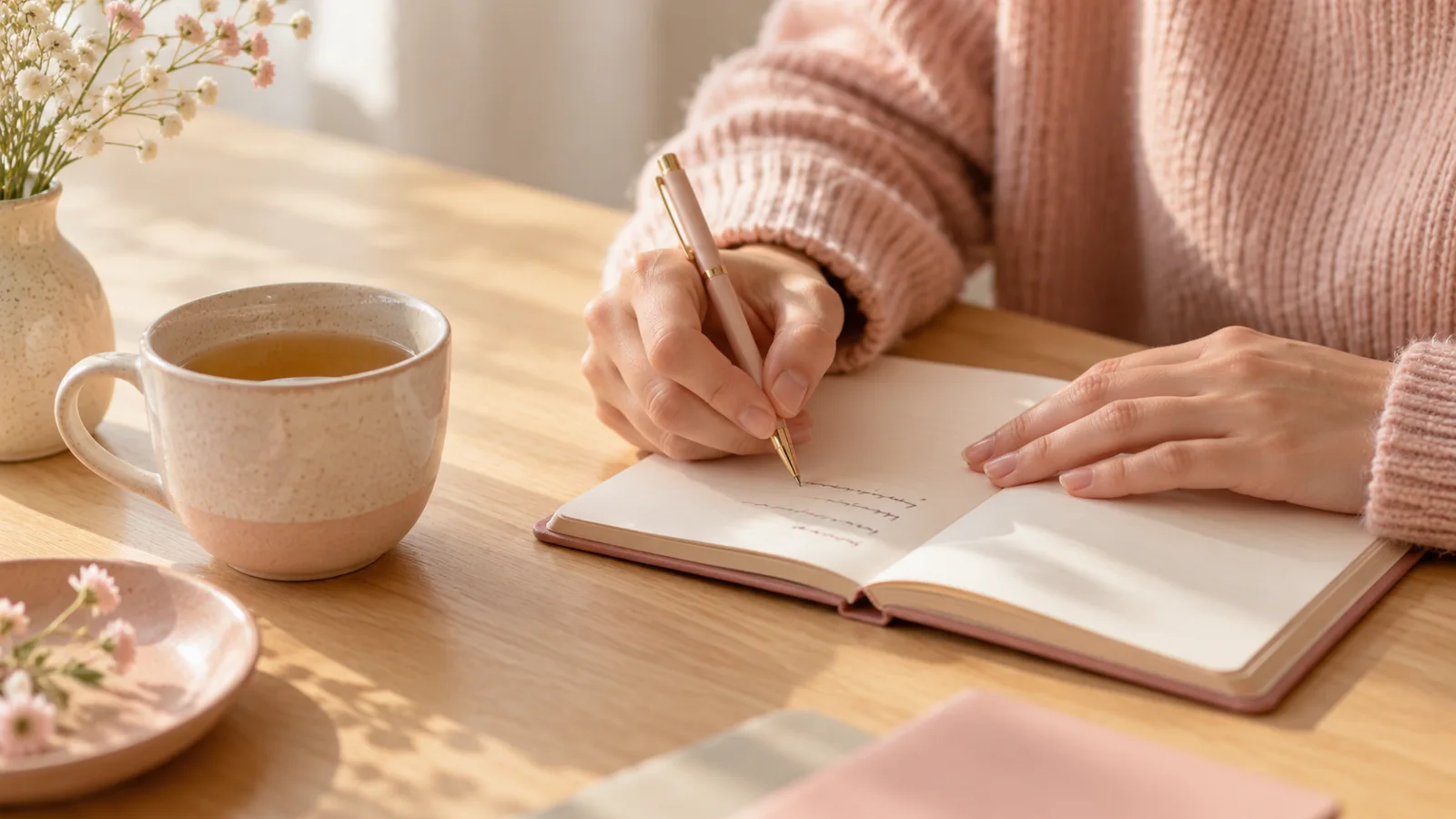 Mains notant quelques lignes dans un carnet sur une table en bois, près d’une tasse