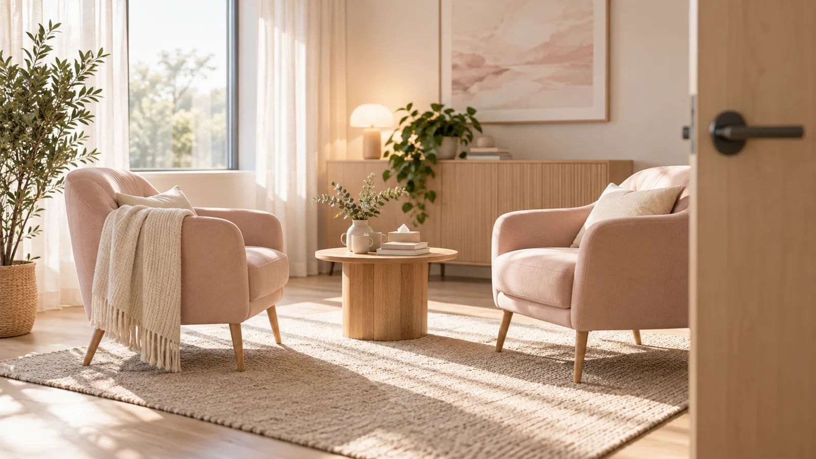 Pi&egrave;ce calme avec deux fauteuils face &agrave; face, un lieu o&ugrave; parler &agrave; un professionnel