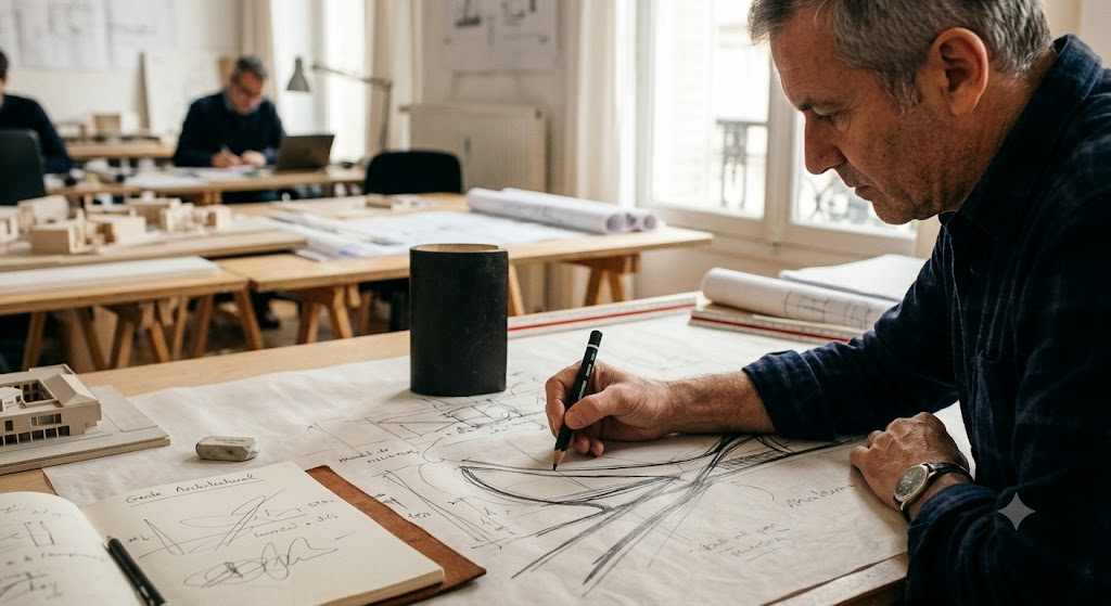 Een architect maakt een vrije handtekening op kalkpapier, een eerste architecturaal gebaar.