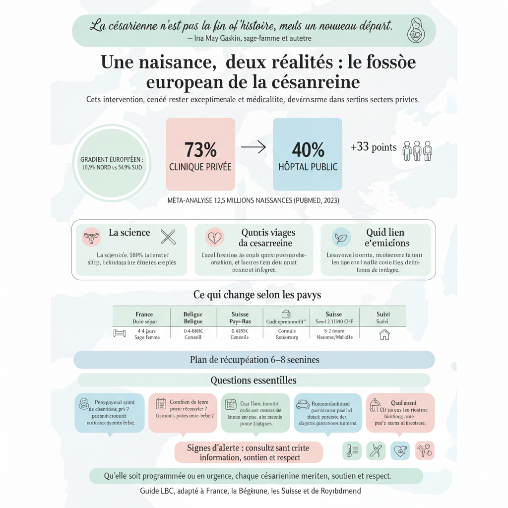 Infographie pédagogique comparant les taux de césarienne en Europe : 73% en clinique privée contre 40% en hôpital public (Sud Europe). Présentation du plan de récupération de 8 semaines et des différences de prise en charge entre la France, la Belgique, la Suisse et le Royaume-Uni.