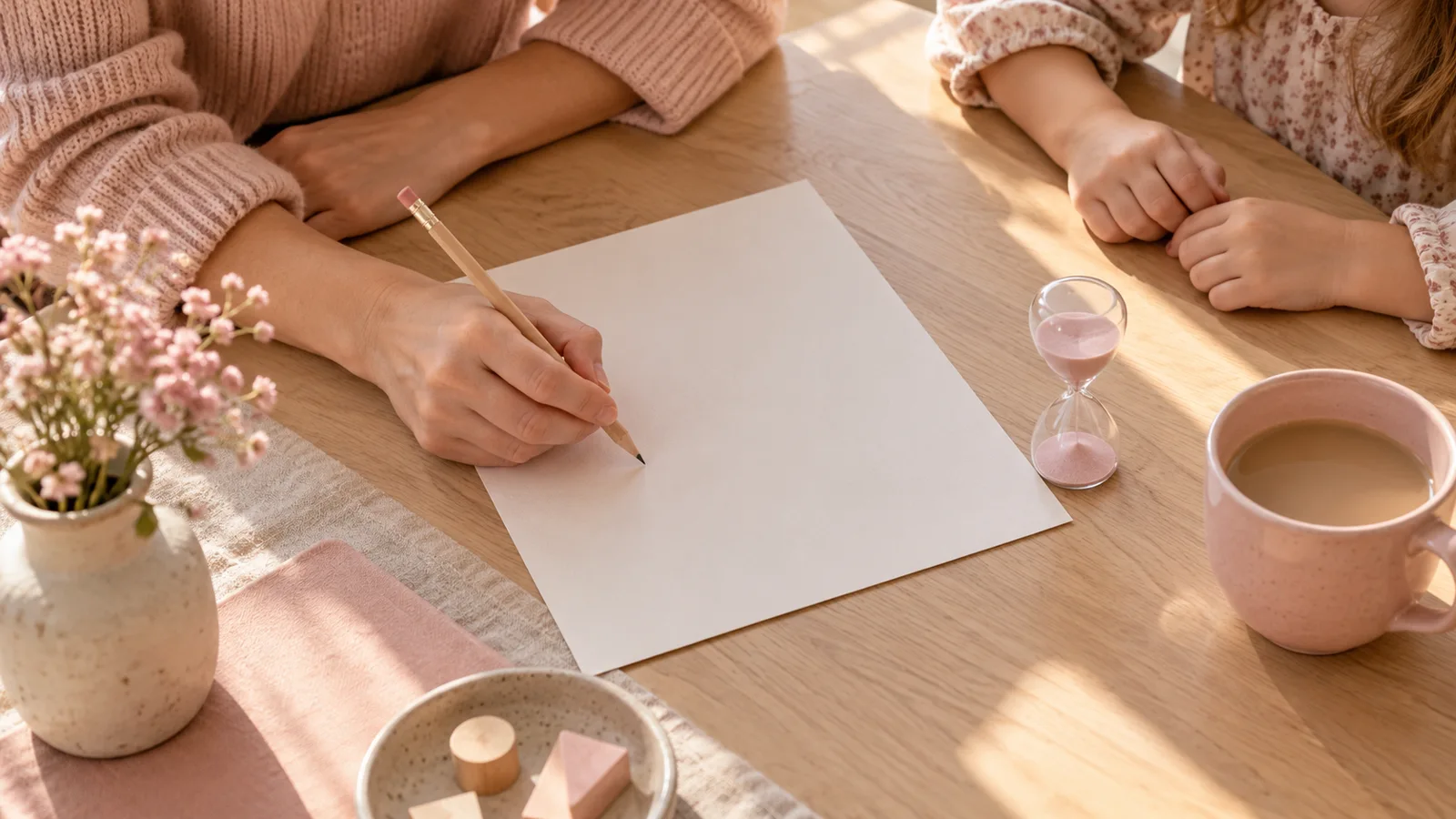 Mains autour d&rsquo;une table, crayon et feuille vierge pour pr&eacute;parer le point famille