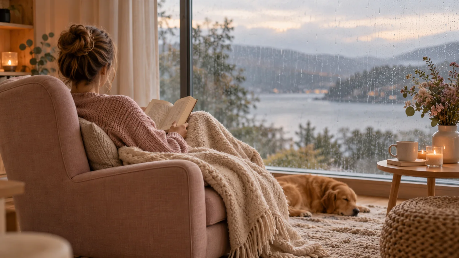 Personne vue de dos dans un fauteuil près d’une fenêtre, livre sur les genoux