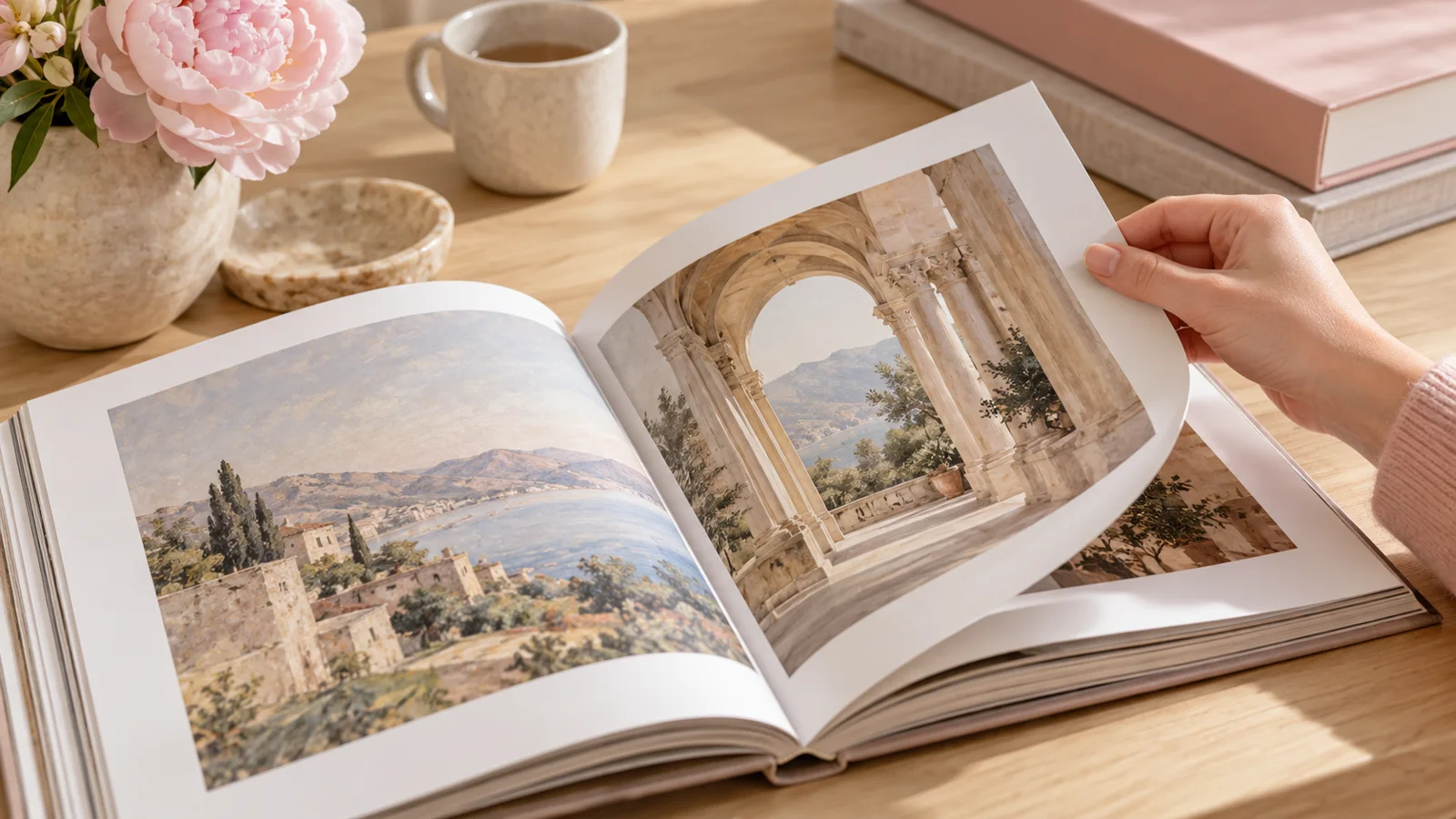 Une main tourne la page d’un livre illustré de peintures et d’architecture