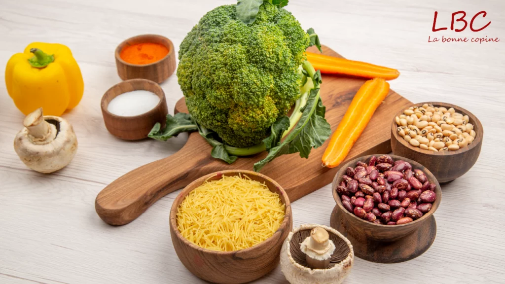 A vibrant assortment of fresh vegetables, colorful legumes and flavorful spices displayed on a table, inviting nutritious, balanced meals.