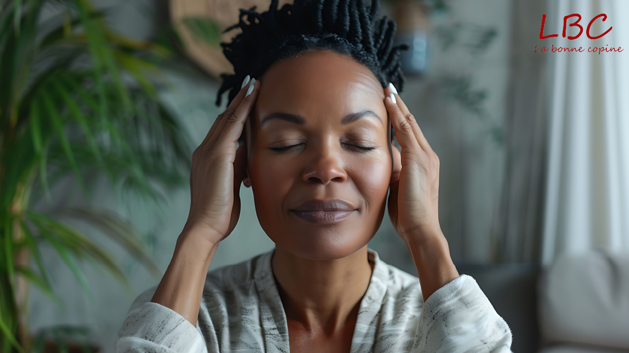 Dans un intérieur lumineux agrémenté de plantes vertes, une femme, les yeux fermés, se masse doucement les tempes. Un geste apaisant qui évoque un moment de recentrage et de bien-être naturel | labonnecopine.com