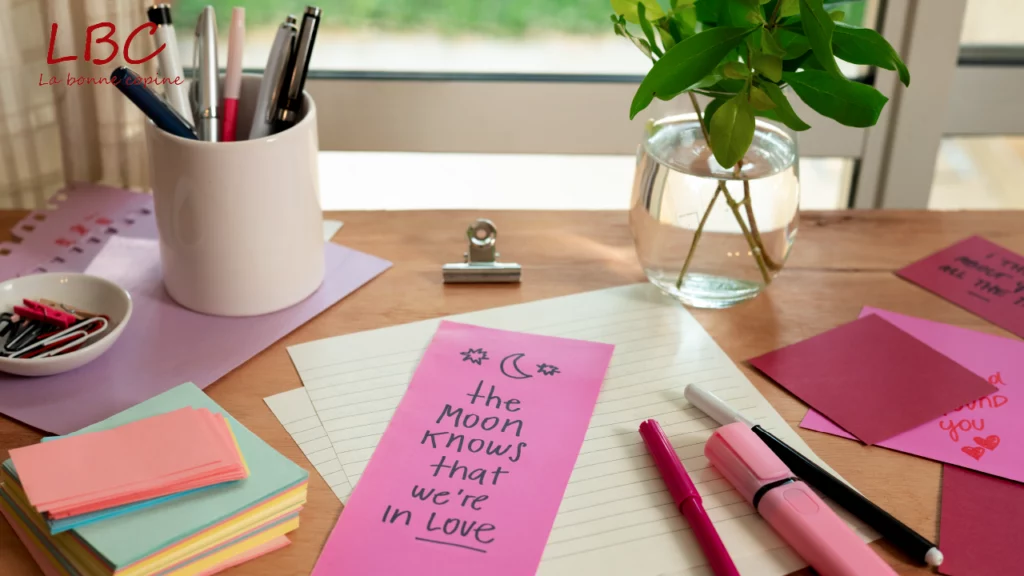 Quand l’inspiration rencontre la douceur : un bureau lumineux, une citation romantique, des couleurs vives et une plante verte créent un cocon propice à la créativité et au bien-être | labonnecopine.com