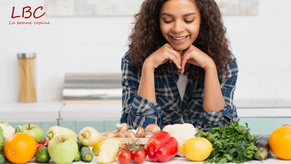 A woman surrounded by a colorful bounty of fresh fruits and vegetables, emphasizing the importance of natural, varied nutrition for body and mind.