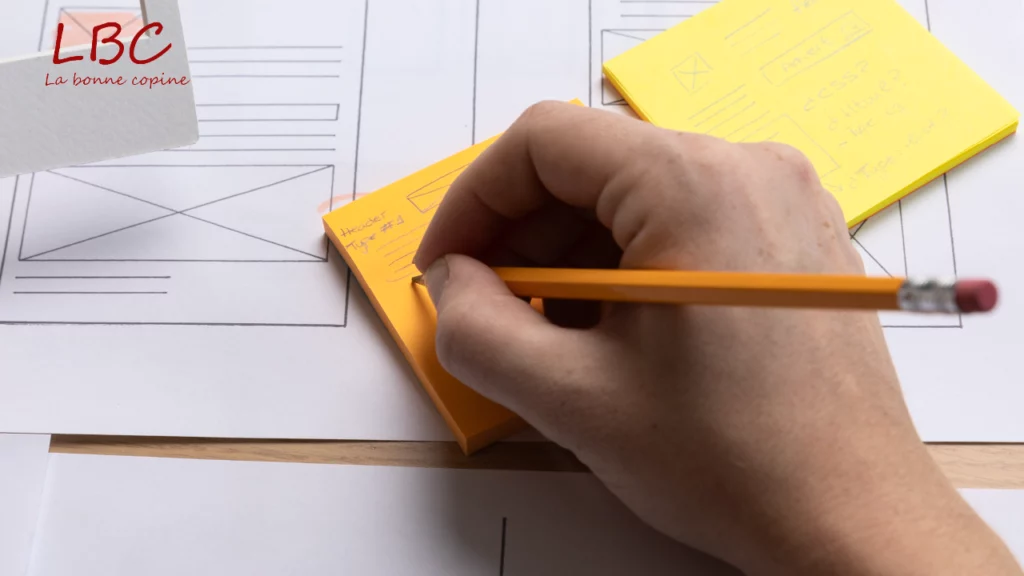 Hand die ideeën schetst in een geel notitieboek, terwijl digitale mock-ups op de achtergrond verschijnen – eerste stappen in een digitaal ontwerp