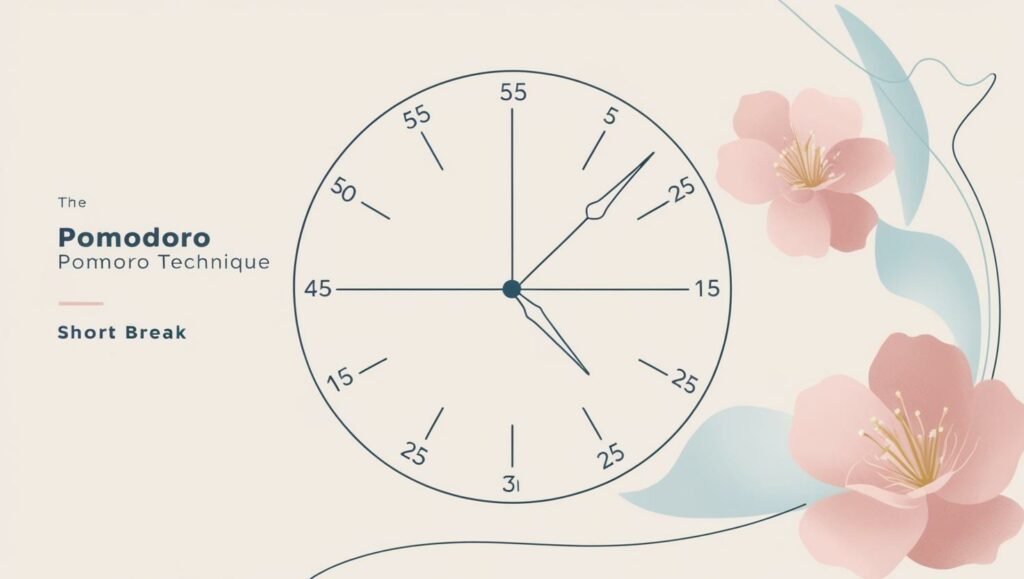 Illustration stylisée de la Technique Pomodoro : un minuteur en forme de tomate posé sur un bureau, entouré d’un cycle de travail concentré (livres, ordinateur) et de pauses relaxantes (thé, étirements). Style épuré et dynamique, avec des couleurs vives contrastant avec des tons doux pour symboliser l’alternance entre productivité et détente.