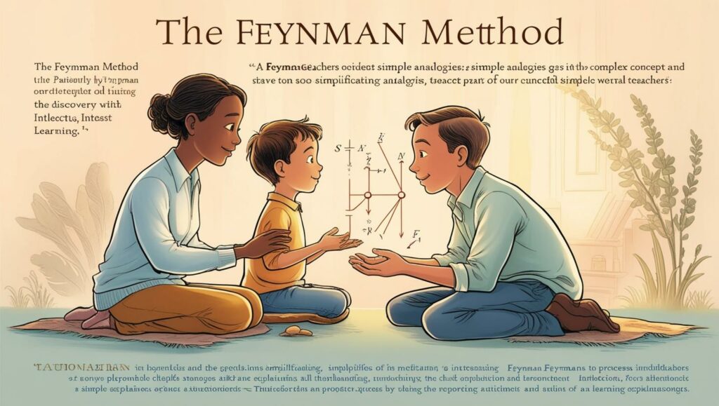 Illustration stylisée de la Méthode Feynman : un enseignant explique un concept complexe à un enfant avec des mots simples, dans un décor chaleureux et apaisant. Style inspiré des livres pour enfants, couleurs douces et éclairage tamé.