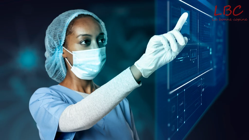 Un professionnel de sant&eacute; interagit avec un &eacute;cran tactile, illustrant l'int&eacute;gration des outils num&eacute;riques dans la pratique m&eacute;dicale moderne | labonnecopine.com 