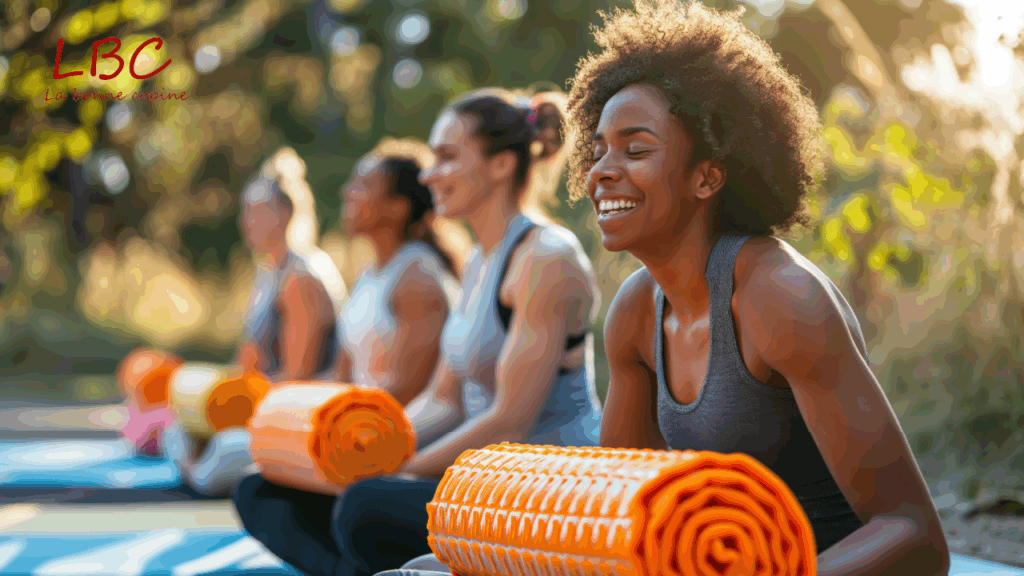 Un groupe de femmes participe à une séance de yoga en plein air, assises en cercle sur leurs tapis, dans une ambiance sereine et conviviale. Ce moment de recentrage collectif illustre les bienfaits de la pratique en nature, favorisant la détente, la connexion à soi et aux autres | labonnecopine.com