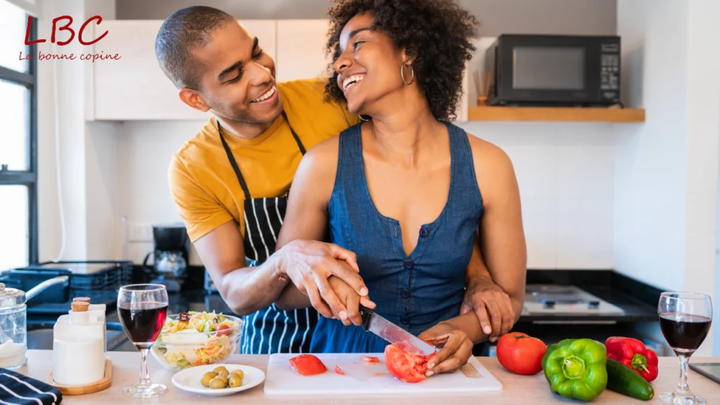Complicity and culinary fun: a couple cooking together, turning meal prep into a shared experience