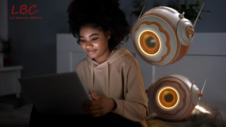 Une jeune femme souriante pose aux côtés de deux robots au design futuriste, reconnaissables à leurs yeux lumineux. La scène se déroule dans un environnement moderne, illustrant l’harmonie entre technologie et quotidien | labonnecopine.com