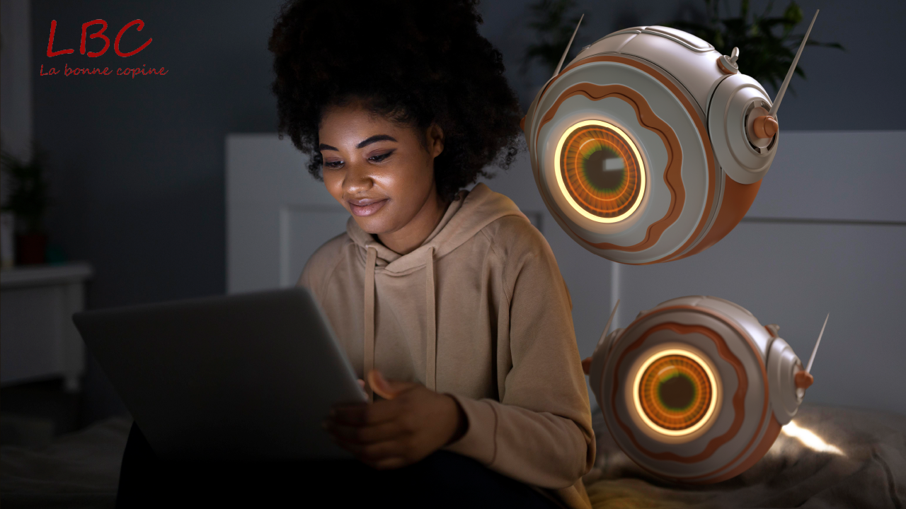 Une jeune femme souriante pose aux côtés de deux robots au design futuriste, reconnaissables à leurs yeux lumineux. La scène se déroule dans un environnement moderne, illustrant l’harmonie entre technologie et quotidien | labonnecopine.com