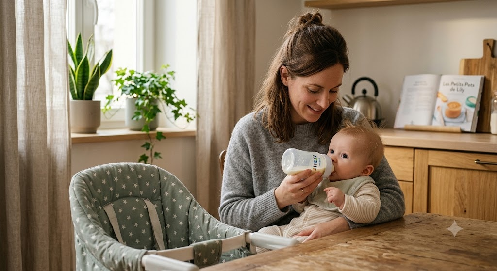 Une maman donne le biberon &agrave; son nourrisson dans la cuisine pour installer une bonne routine sommeil b&eacute;b&eacute; et alimentation.