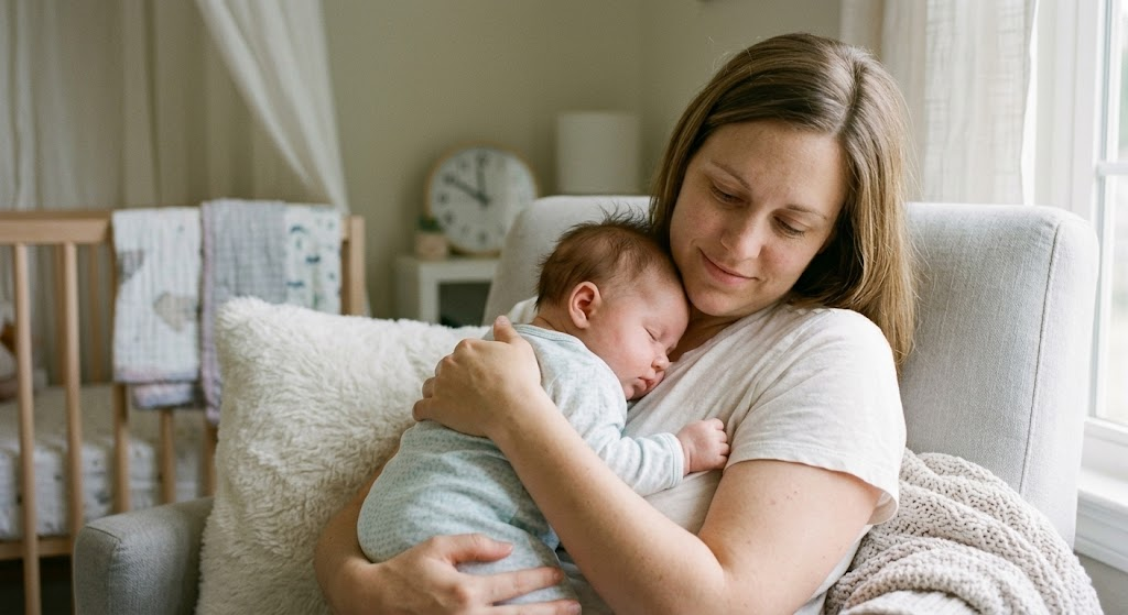 Une maman serre tendrement son b&eacute;b&eacute; qui dort sur son &eacute;paule, illustrant une routine sommeil b&eacute;b&eacute; apaisante.