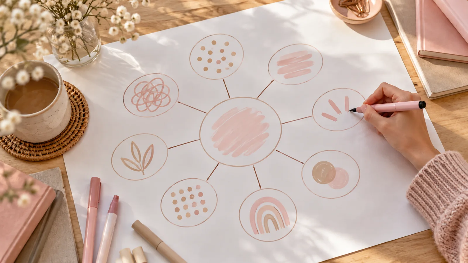 Une main dessine une carte mentale, avec des branches autour d’un cercle central