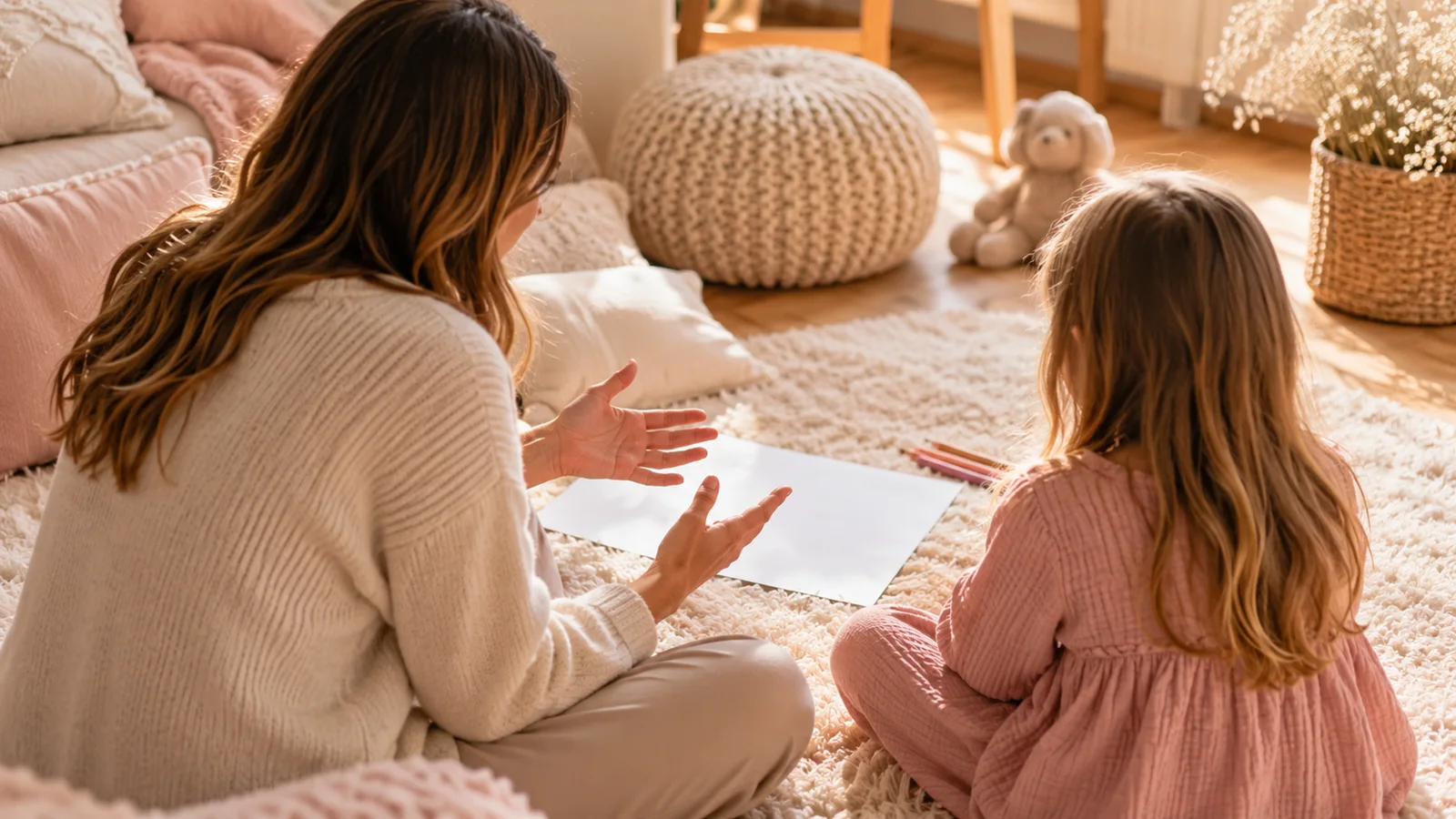 Un adulte explique une idée à un enfant, assis face à face sur un tapis