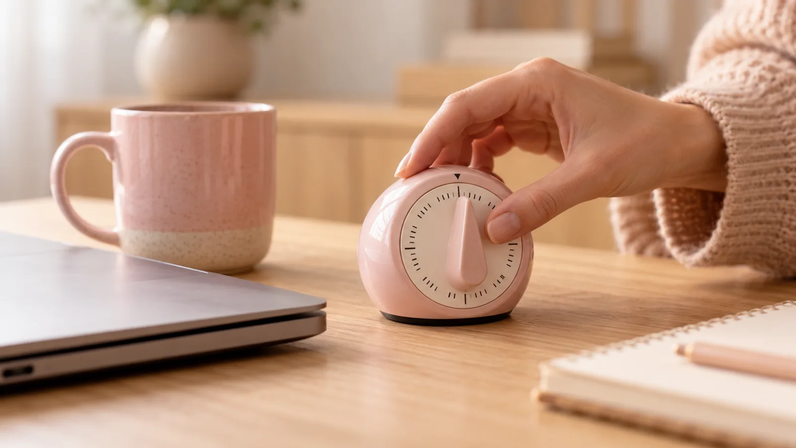 Minuteur rose poudré près d’un ordinateur et d’une tasse, une main prête à le lancer