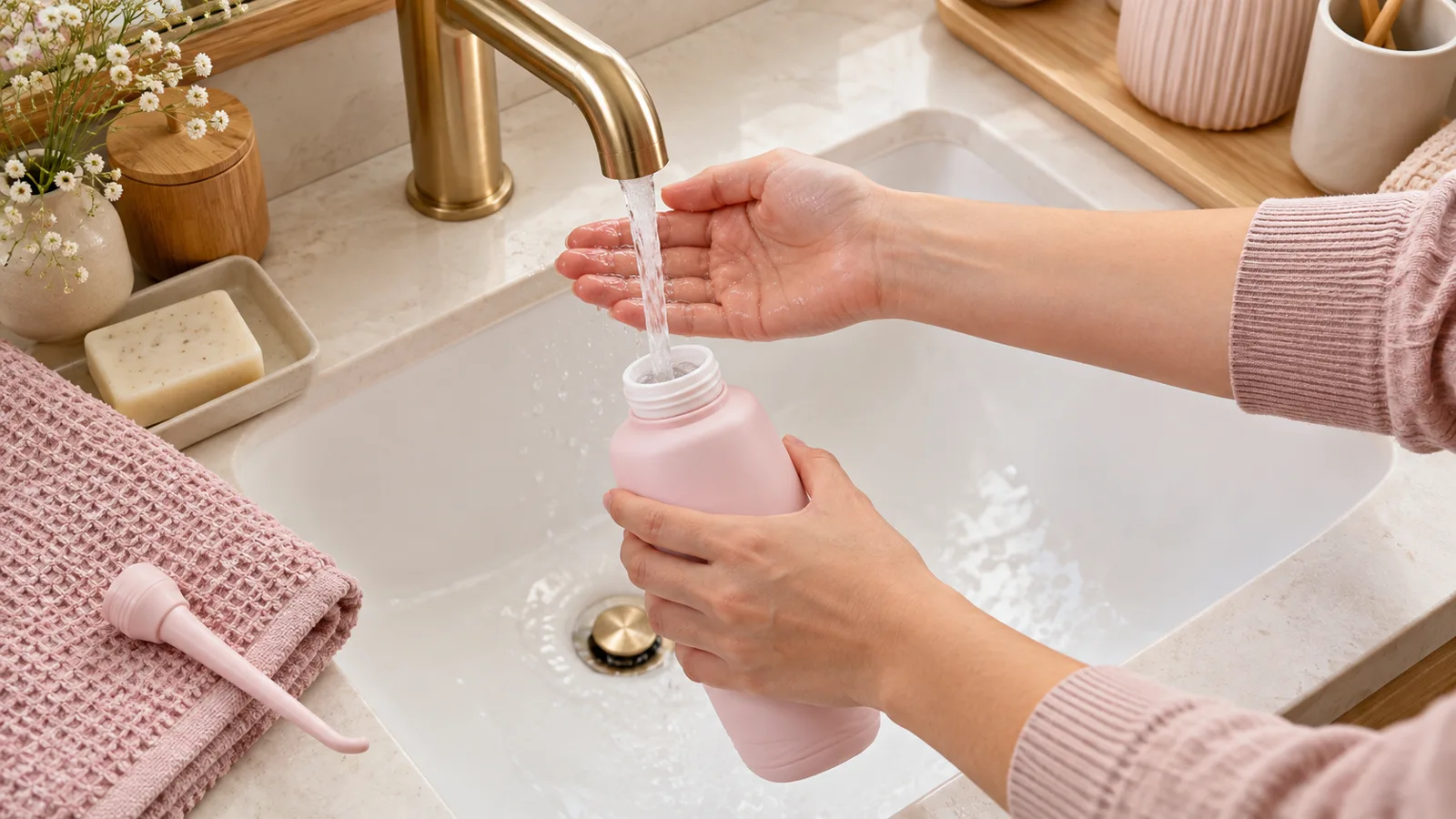 Une main remplit un bidet portable au robinet, pr&egrave;s d&rsquo;un avant-bras au-dessus du lavabo