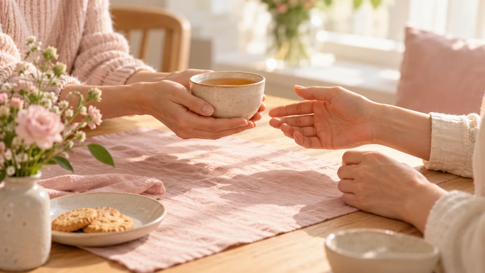 Deux mains autour d&rsquo;une tasse de th&eacute; sur une table, l&rsquo;une offre, l&rsquo;autre peut accepter ou refuser