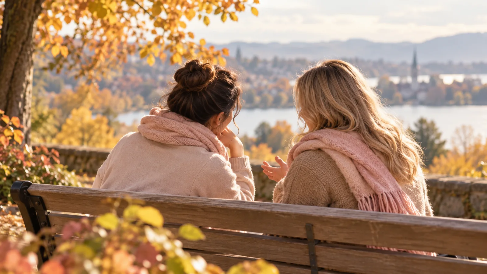 Deux amies sur un banc en automne, l&rsquo;une se confie &agrave; l&rsquo;autre qui l&rsquo;&eacute;coute
