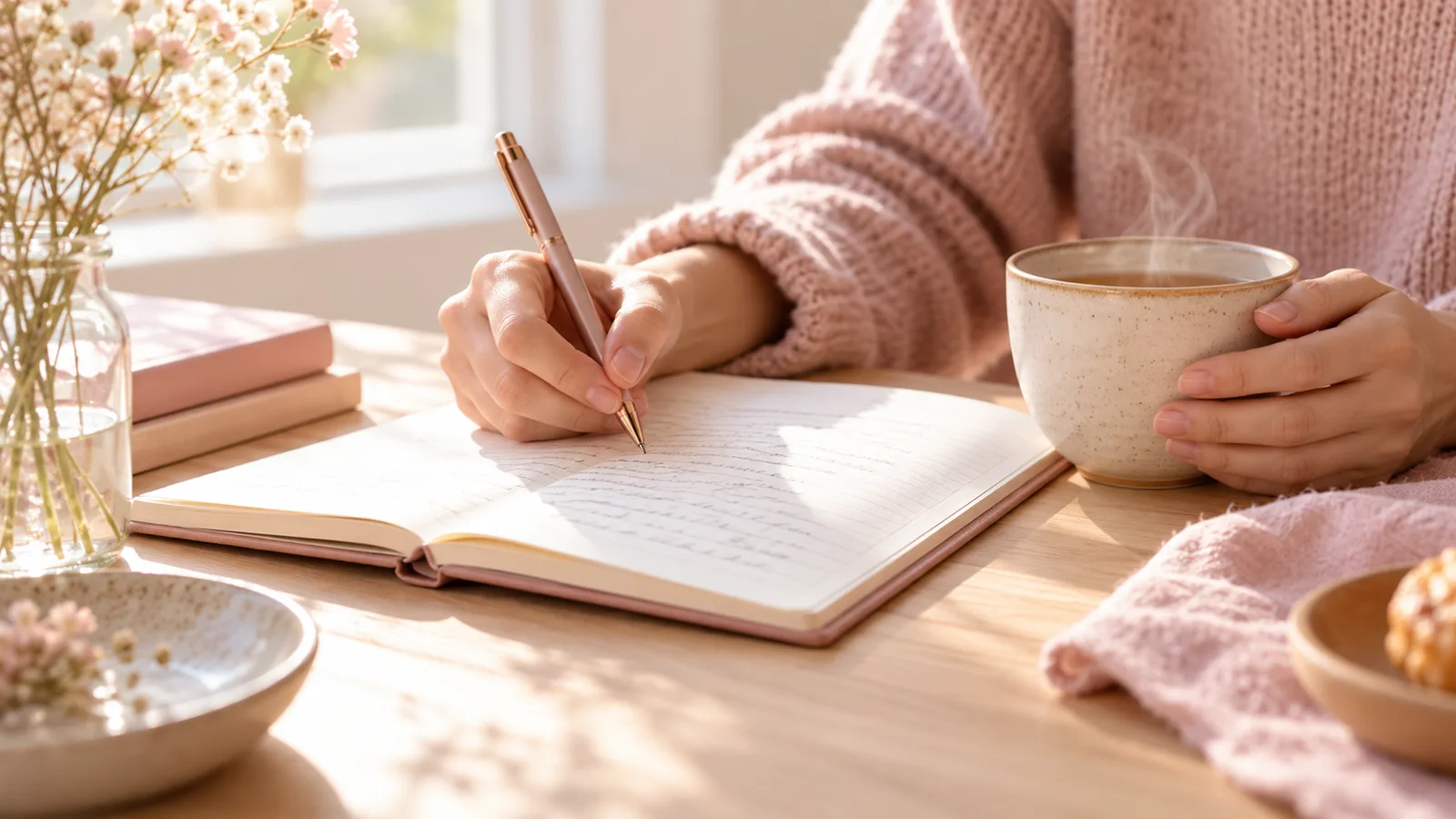 Une personne note ses r&eacute;flexions sur sa relation dans un carnet, pr&egrave;s d&rsquo;une tasse de th&eacute;