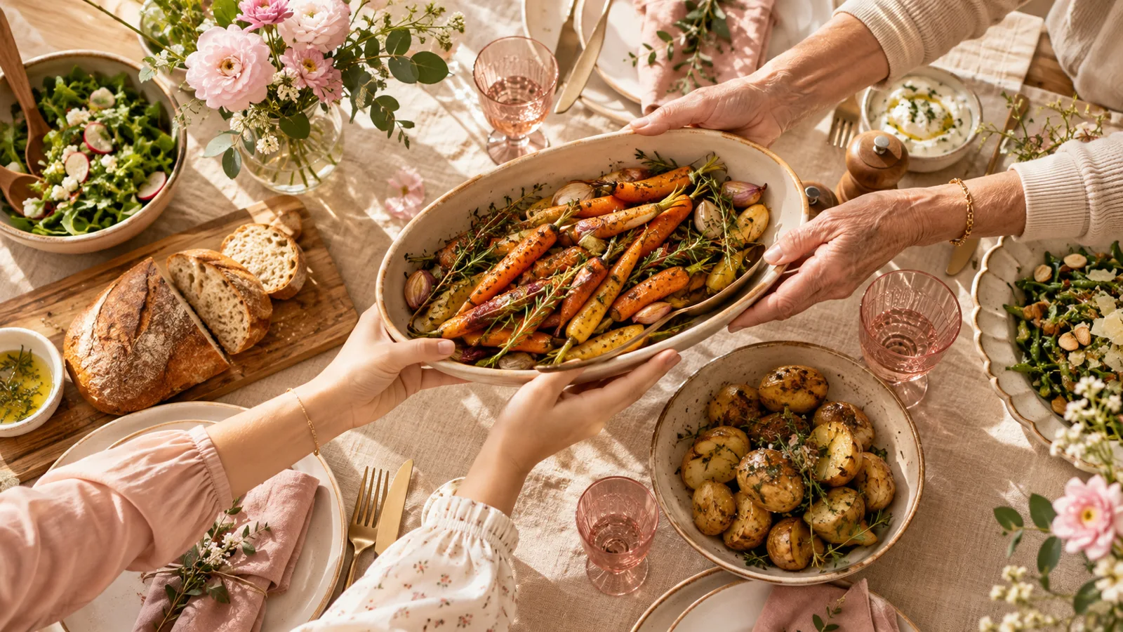Table de d&eacute;jeuner en famille vue de dessus, mains de plusieurs g&eacute;n&eacute;rations se passant un plat
