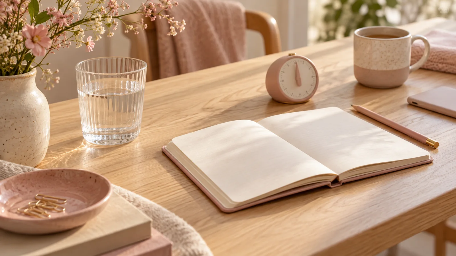 Table d&eacute;gag&eacute;e avec carnet, verre d&rsquo;eau et minuteur, t&eacute;l&eacute;phone retourn&eacute; &agrave; l&rsquo;&eacute;cart pour se concentrer
