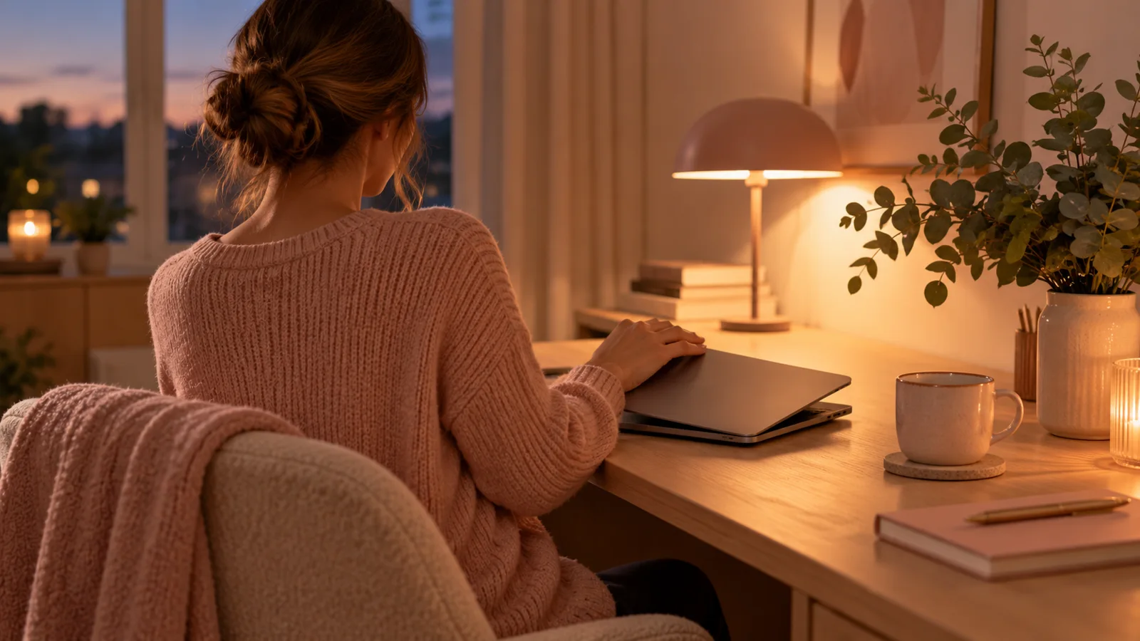 Femme de dos refermant son ordinateur en fin de journ&eacute;e sous une lampe chaude