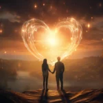 Un couple se tient tendrement la main, face à un cœur lumineux dessiné par des traînées dorées dans le ciel d’un crépuscule envoûtant. Le paysage baigné de lumière douce évoque la magie d’un amour naissant, inattendu et profond | labonnecopine.com