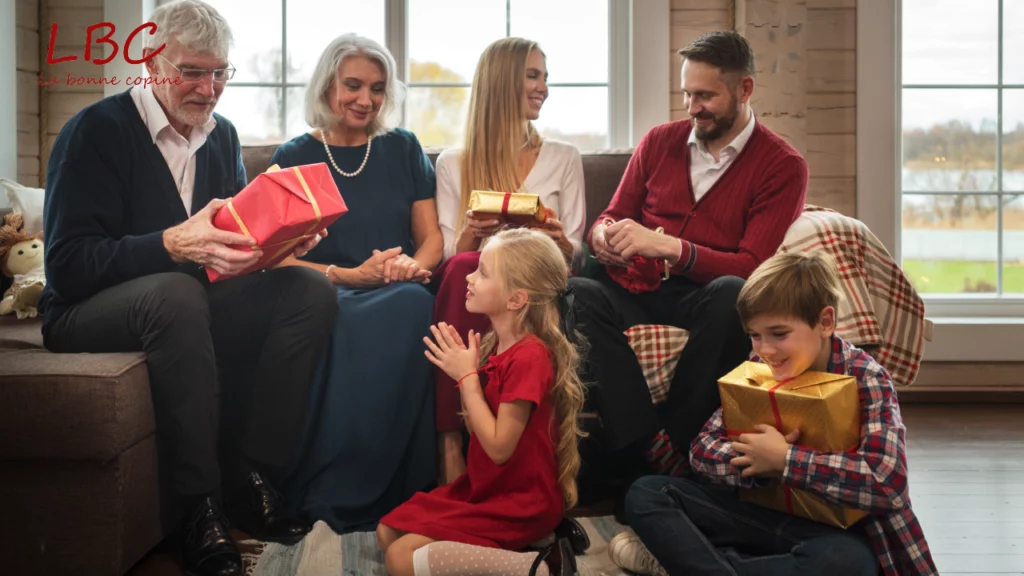 A warm living room where a family shares joy, exchanging gifts with sincere smiles and an intimate atmosphere