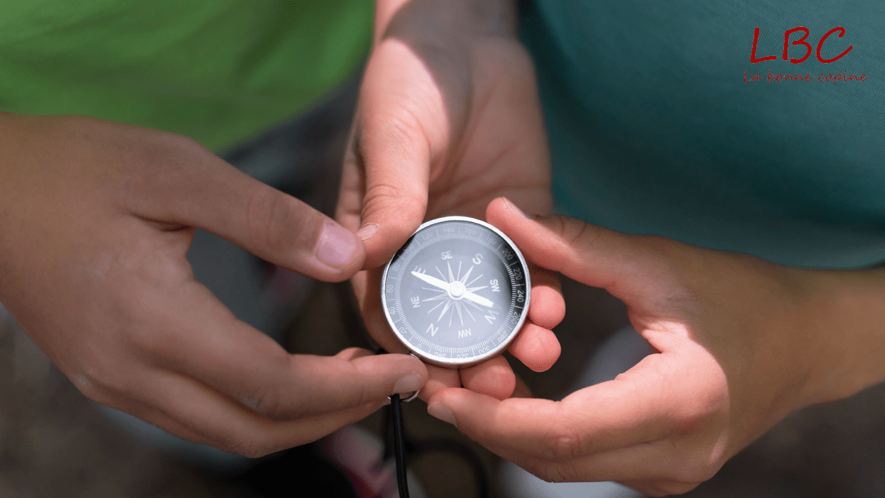 A pair of hands firmly holds a black compass, the needles indicating the cardinal directions | labonnecopine.com/en