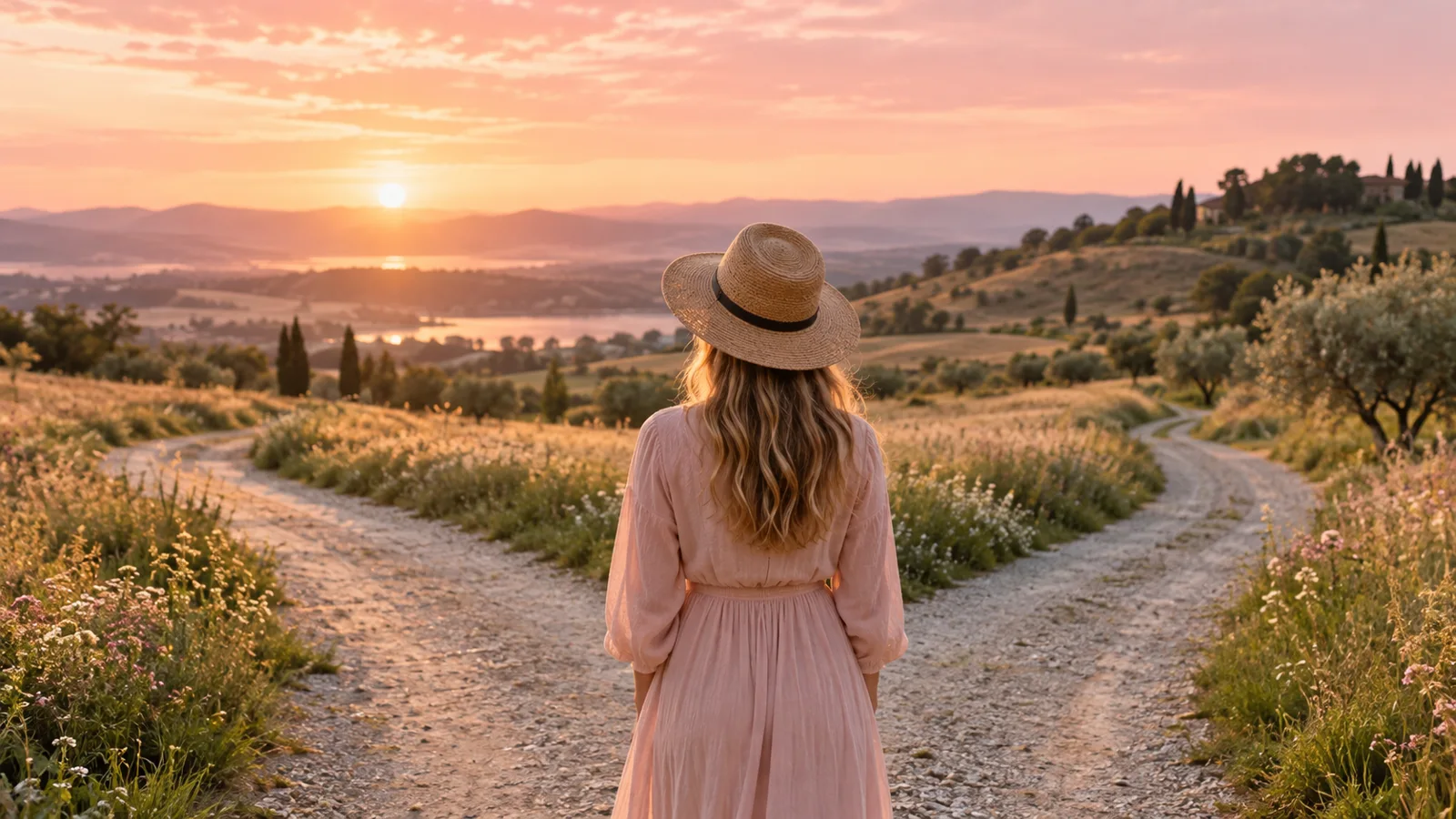 Femme de dos devant un chemin qui bifurque au coucher du soleil, un temps de recul sur ses choix