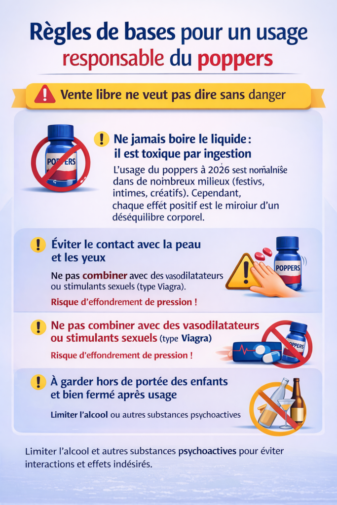 Infographic die de gewenste effecten en risico’s van poppers vergelijkt: euforie, ontspanning van gladde spieren en oogschade (maculopathie).