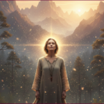 Une femme debout dans une forêt, éclairée par une lumière dorée, entourée de montagnes majestueuses | labonnecopine