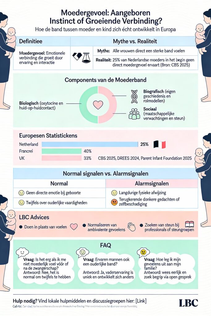 Infographic over het moedergevoel die uitlegt hoe de band tussen moeder en kind zich in Europa ontwikkelt, met statistieken uit Nederland, Frankrijk en het VK en tips van LBC voor het opbouwen van de ouder-kind band.