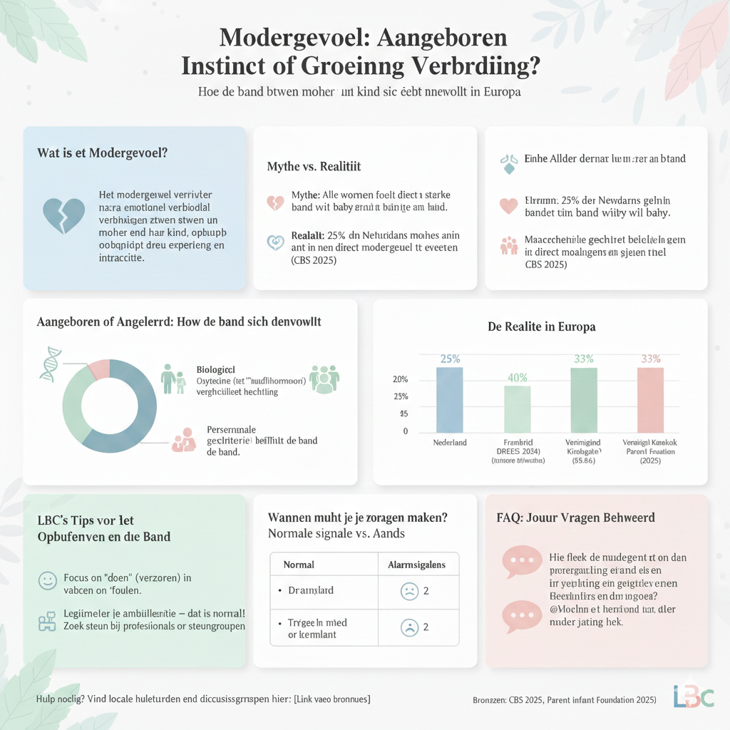 Infographic getiteld "Moedergevoel: Aangeboren Instinct of Groeiende Verbinding?" met statistieken over hechting. Het laat zien dat 25% van de Nederlandse moeders en 40% van de Franse moeders niet direct een moedergevoel ervaren bij de geboorte.